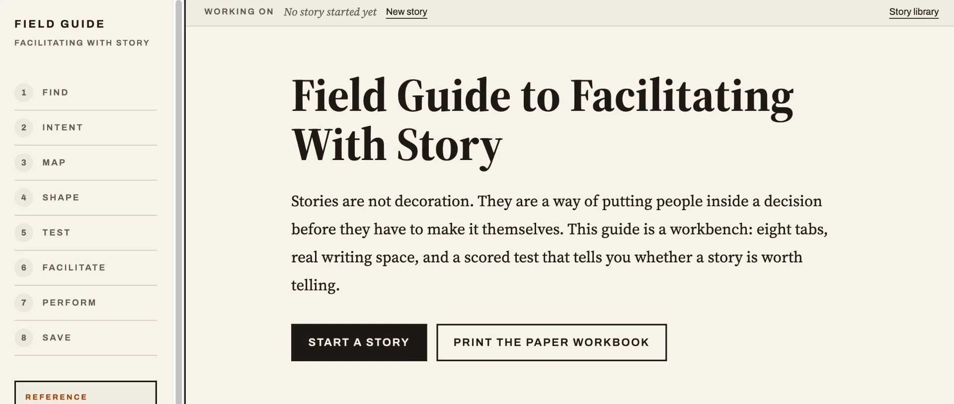 The Field Guide to Facilitating With Story web app, showing its eight numbered tabs